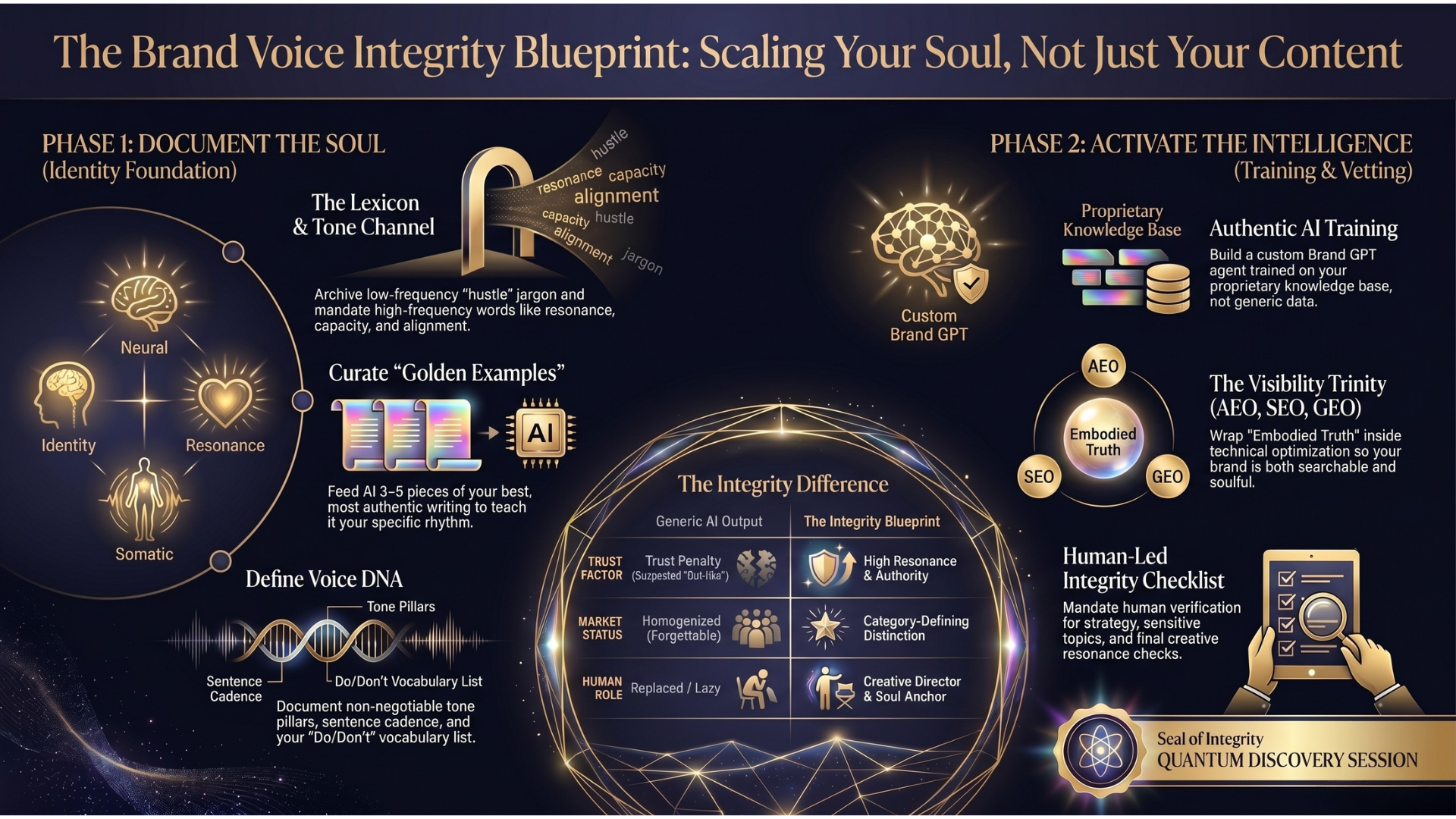 Brand voice and AI training framework infographic illustrating how to scale authentic content using custom AI, including voice DNA development, proprietary knowledge base, AEO SEO GEO optimization, and human-led integrity checks for high-resonance marketing.