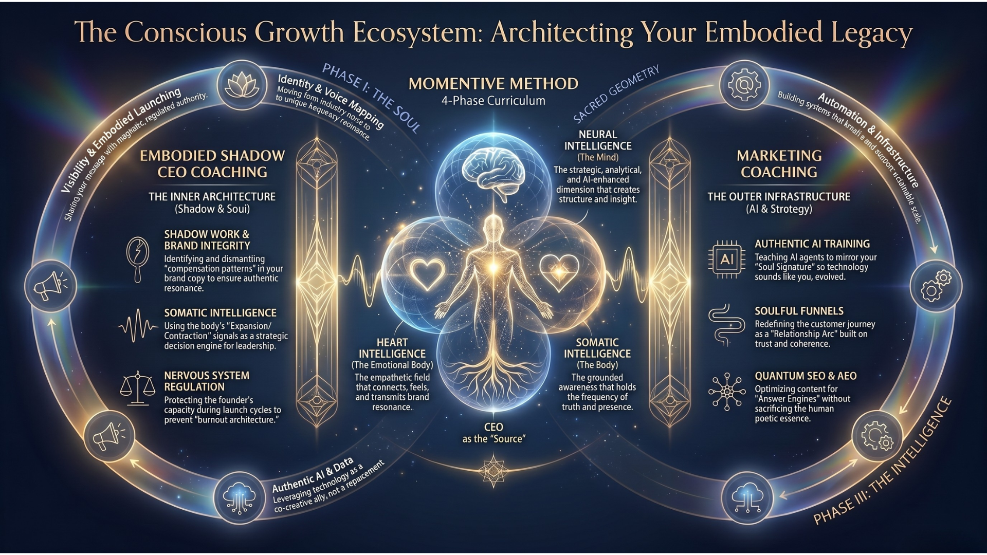 Holistic coaching and marketing framework infographic showing how to scale a business through life coaching, somatic practices, shadow work, and AI-driven marketing systems, including brand alignment, authentic AI training, and AEO SEO strategies for sustainable growth.