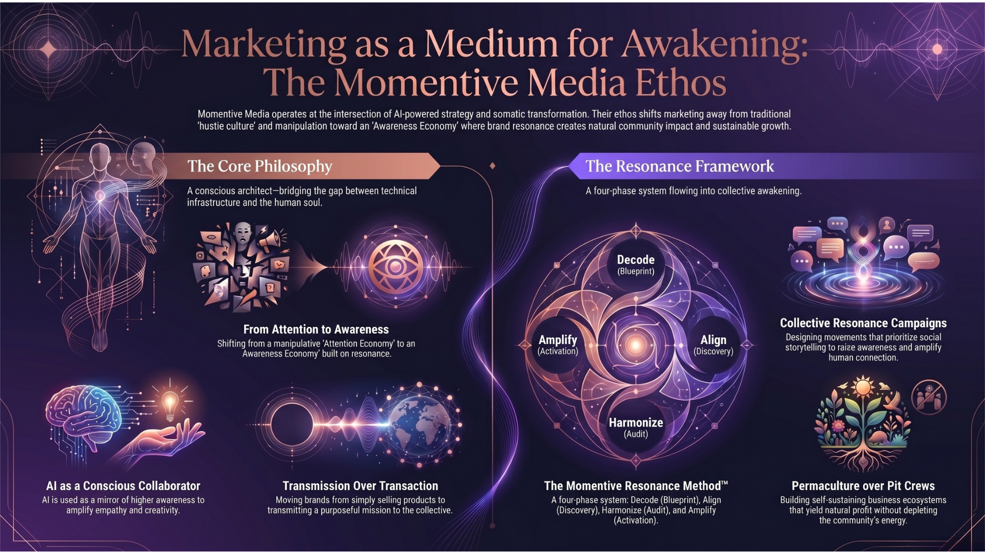 Momentive Media infographic showing AI-powered conscious marketing strategy and resonance framework, featuring Decode, Align, Harmonize, and Amplify phases, focused on awareness economy, brand alignment, and sustainable growth through human-centered storytelling.