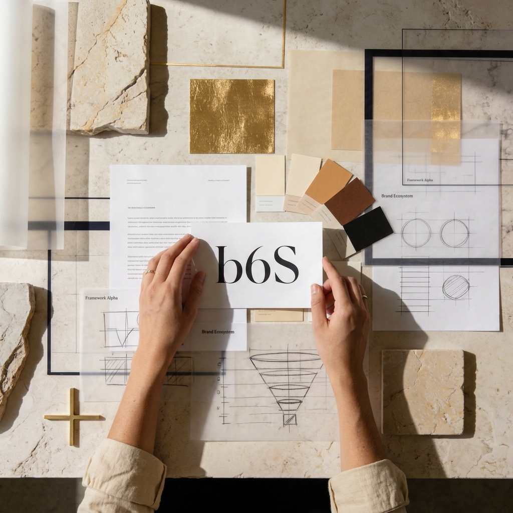Overhead view of elegant hands arranging typography proofs, color swatches, translucent tracing paper, and refined design sketches on a stone tabletop, styled like a high-end brand strategy and design studio workspace in soft neutral tones.