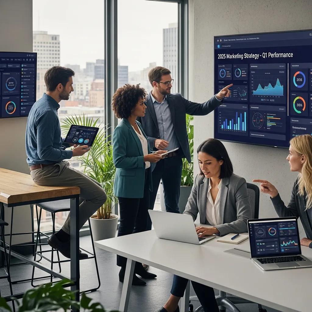 Diverse professionals collaborating on business marketing strategies in a modern office