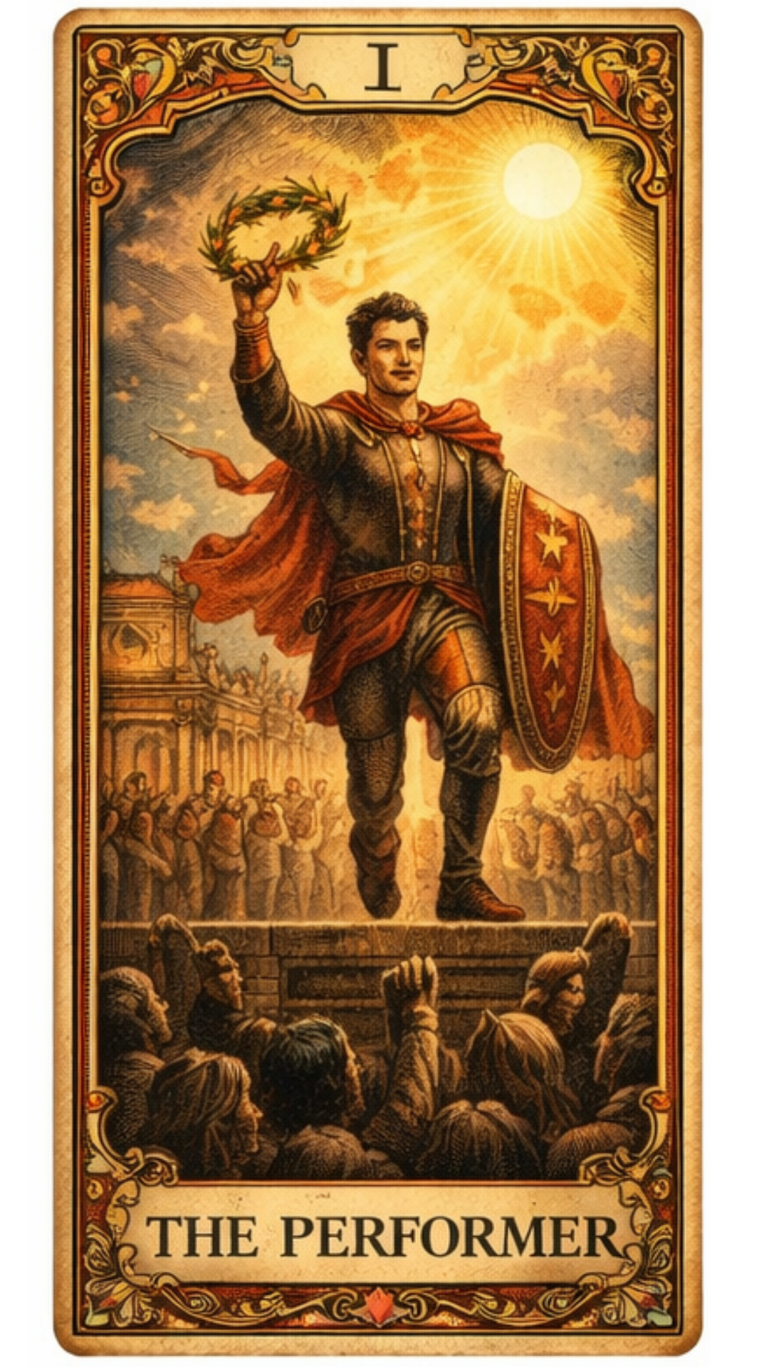 Tarot-style illustration of The Performer archetype — Card I — depicting a triumphant figure standing elevated above a crowd, holding a laurel wreath aloft toward a radiant sun, with a shield bearing gold stars, draped in a red cape, surrounded by an audience looking up in admiration.