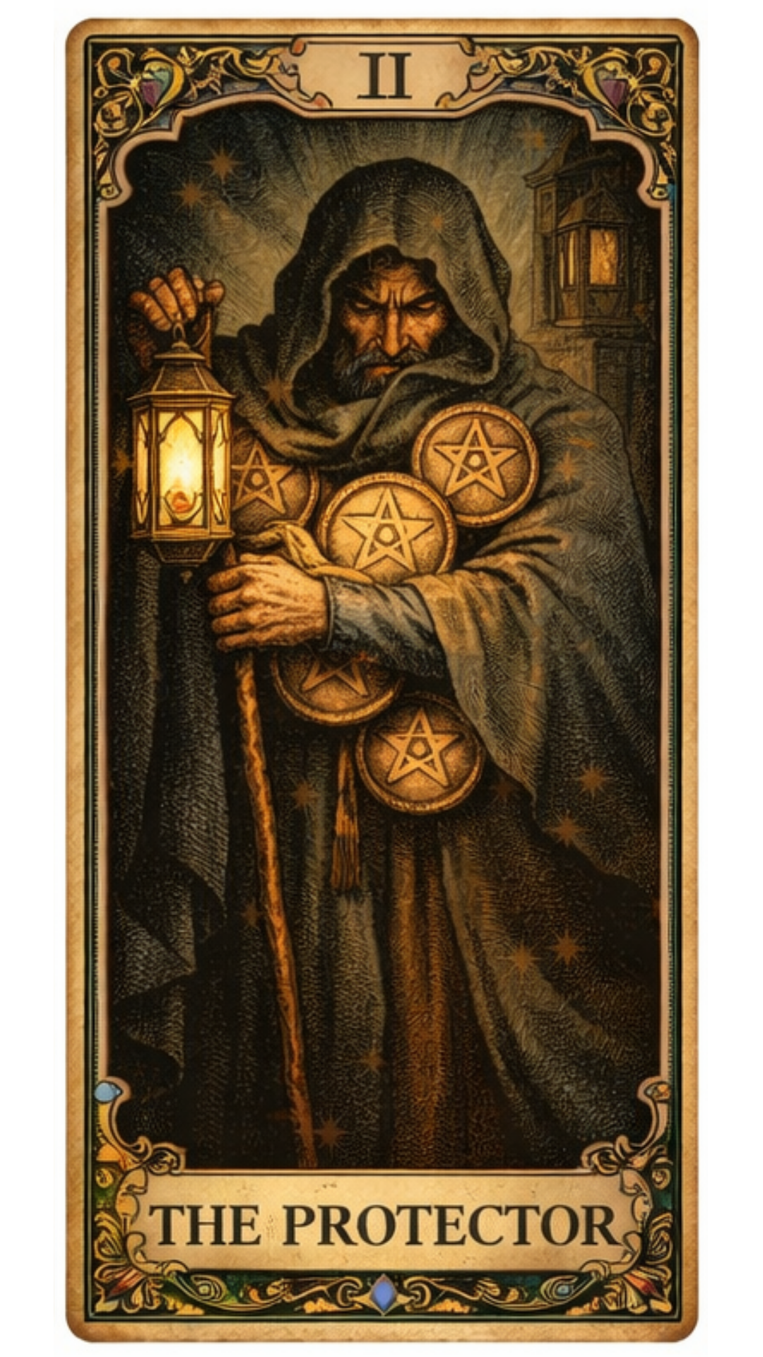Tarot-style illustration of The Protector archetype — Card II — depicting a cloaked hooded figure clutching four pentacle coins tightly to their chest while holding a glowing lantern in one hand and a wooden staff in the other, standing before a dimly lit tower in a dark, starlit night.