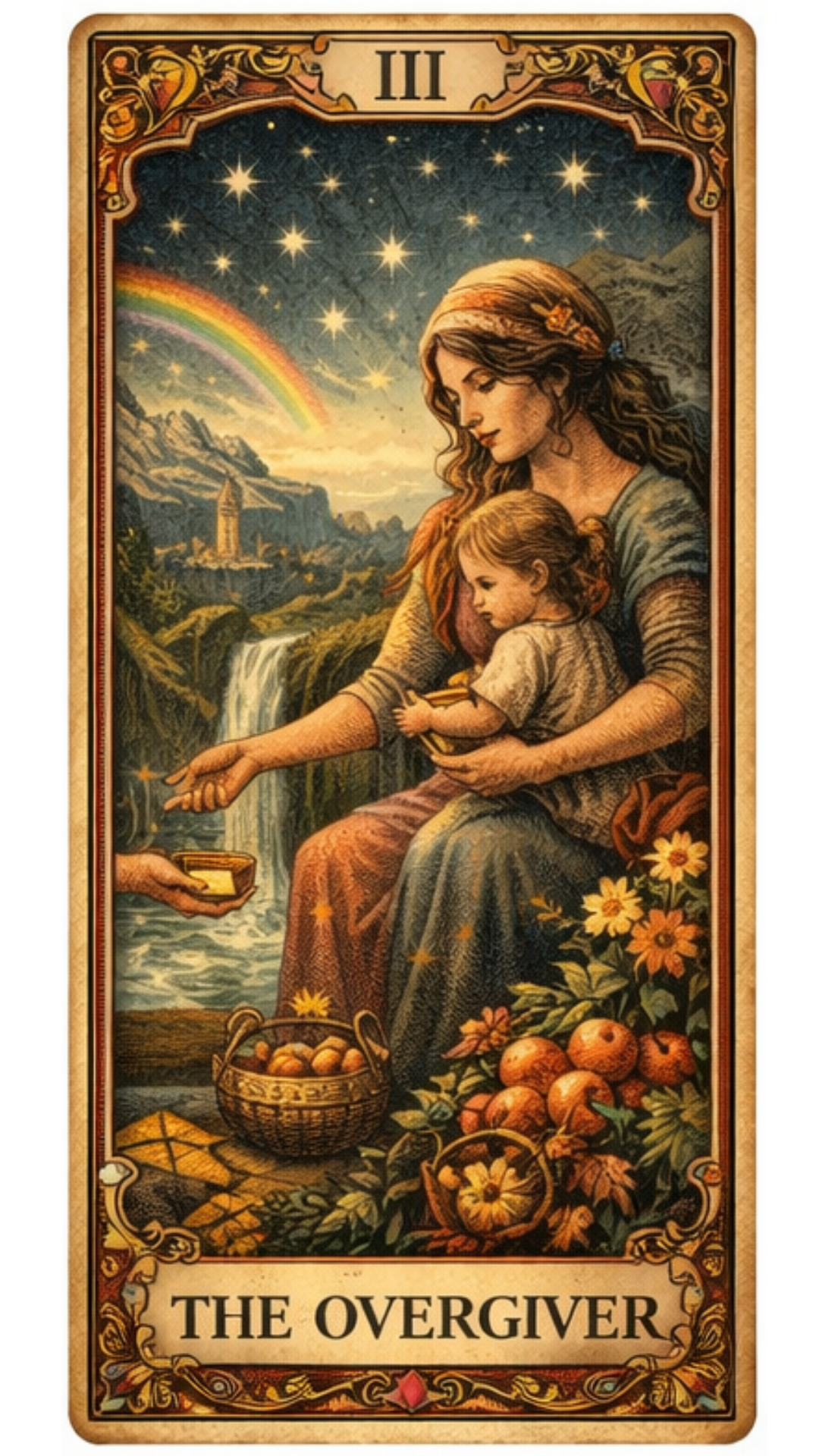 The Overgiver tarot card — number III — depicting a nurturing woman holding a child while extending her open hand to give from a basket of fruit and bread, surrounded by flowers, a waterfall, and a rainbow sky