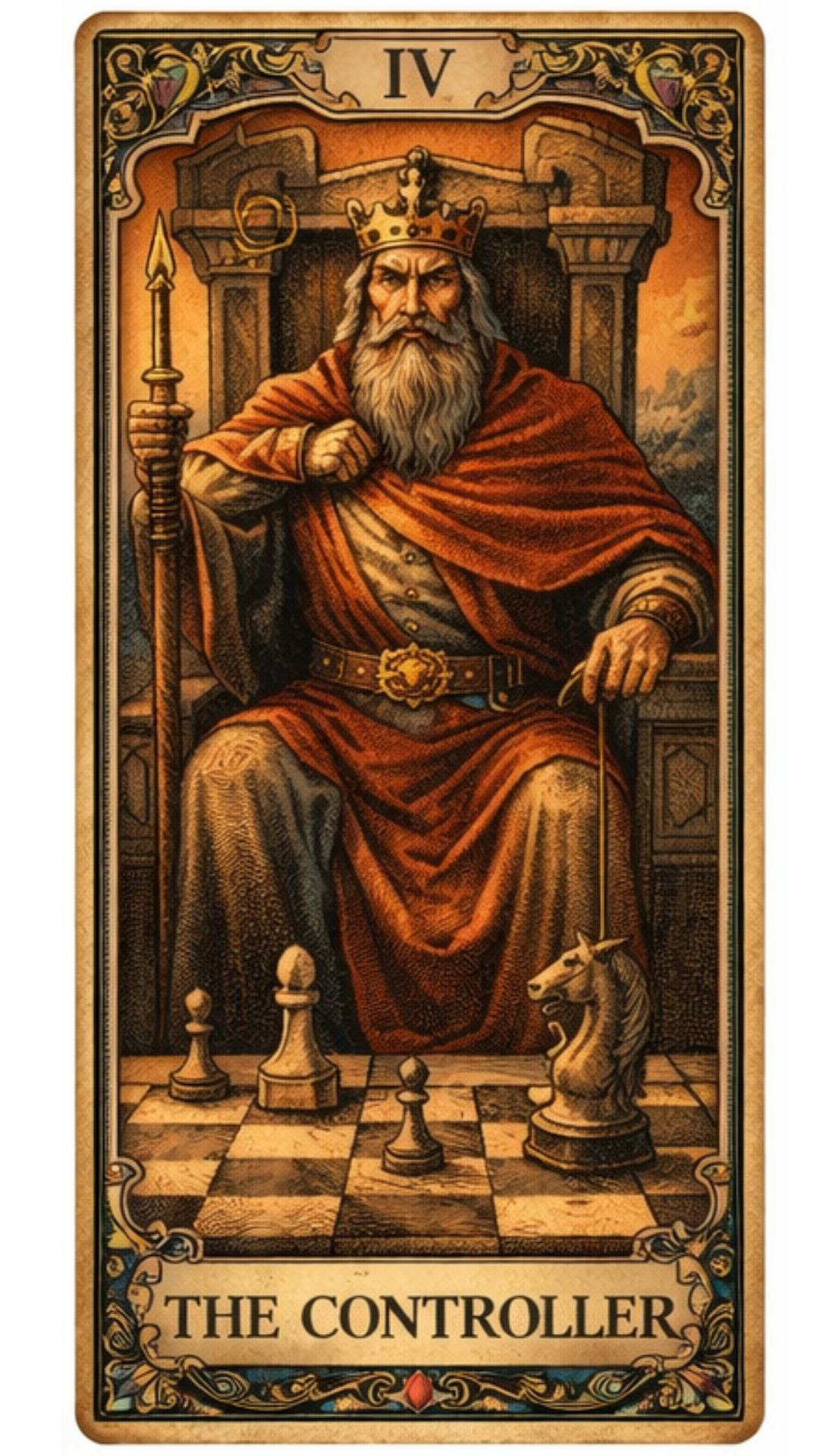 The Controller tarot card — number IV — depicting a crowned king seated on a throne holding a scepter, with chess pieces on a checkered floor at his feet, symbolizing strategy, authority, and the need to control every move
