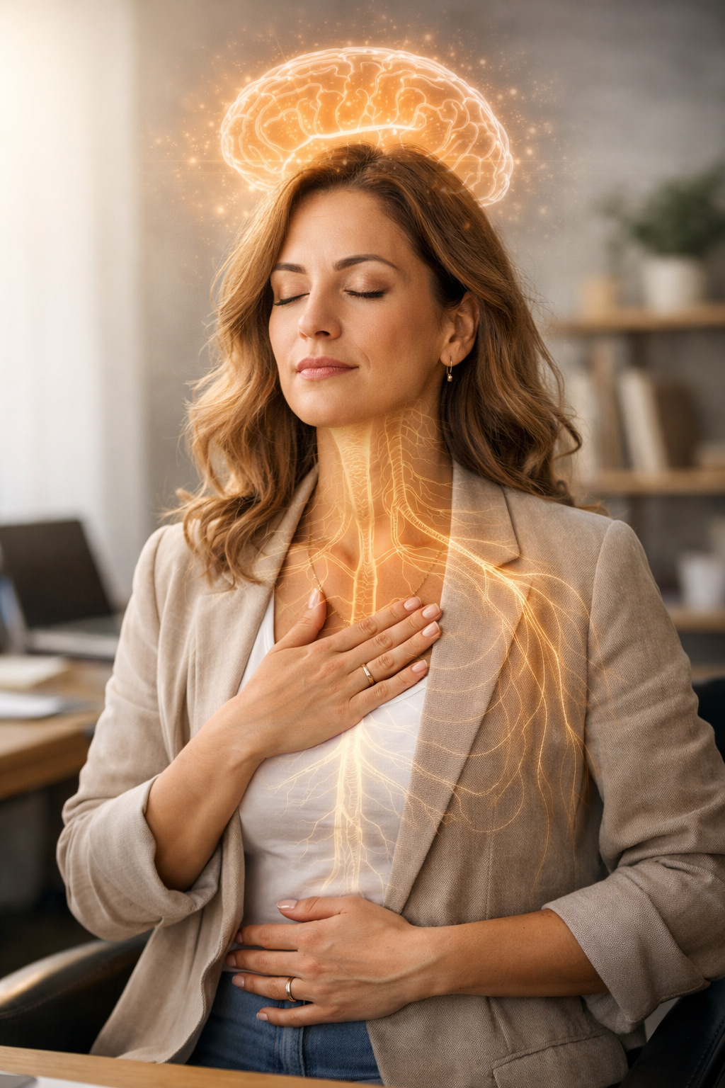 Entrepreneur practicing nervous system regulation with visual representation of brain and body connection