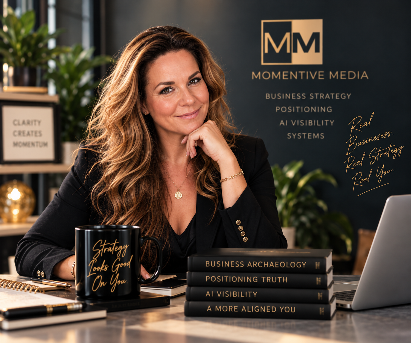 Christina Rae Blackmon, founder of Momentive Media, seated at her desk