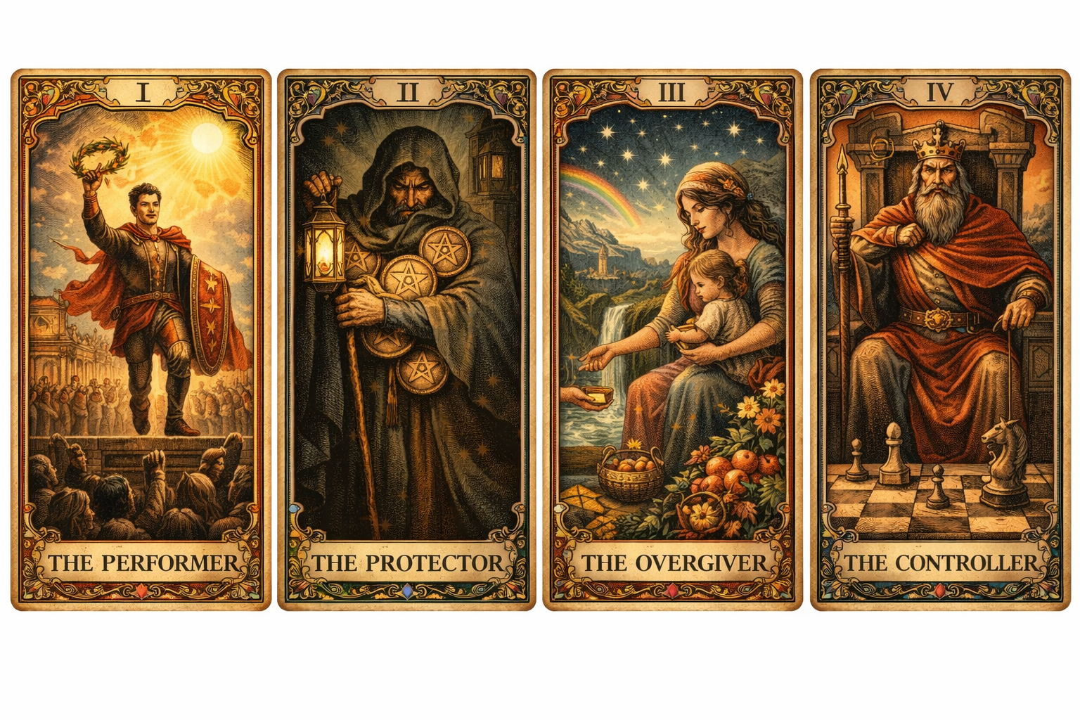 Four illustrated tarot-style cards depict leadership archetypes labeled “The Performer,” “The Protector,” “The Overgiver,” and “The Controller,” each showing a central figure in a dramatic scene that symbolizes their role—celebration and visibility, guarding and responsibility, nurturing and self-sacrifice, and strategic control and power.