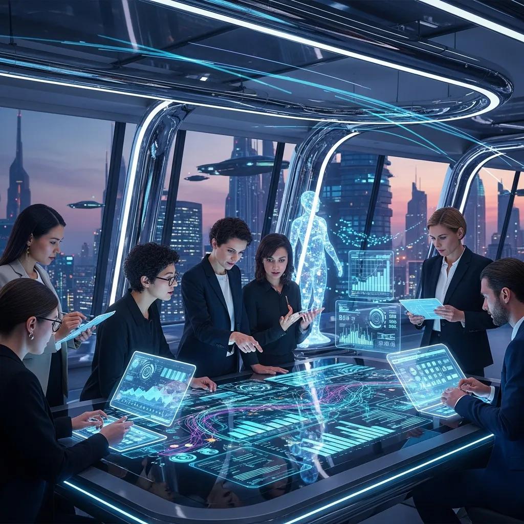 Futuristic marketing team collaborating with AI technology